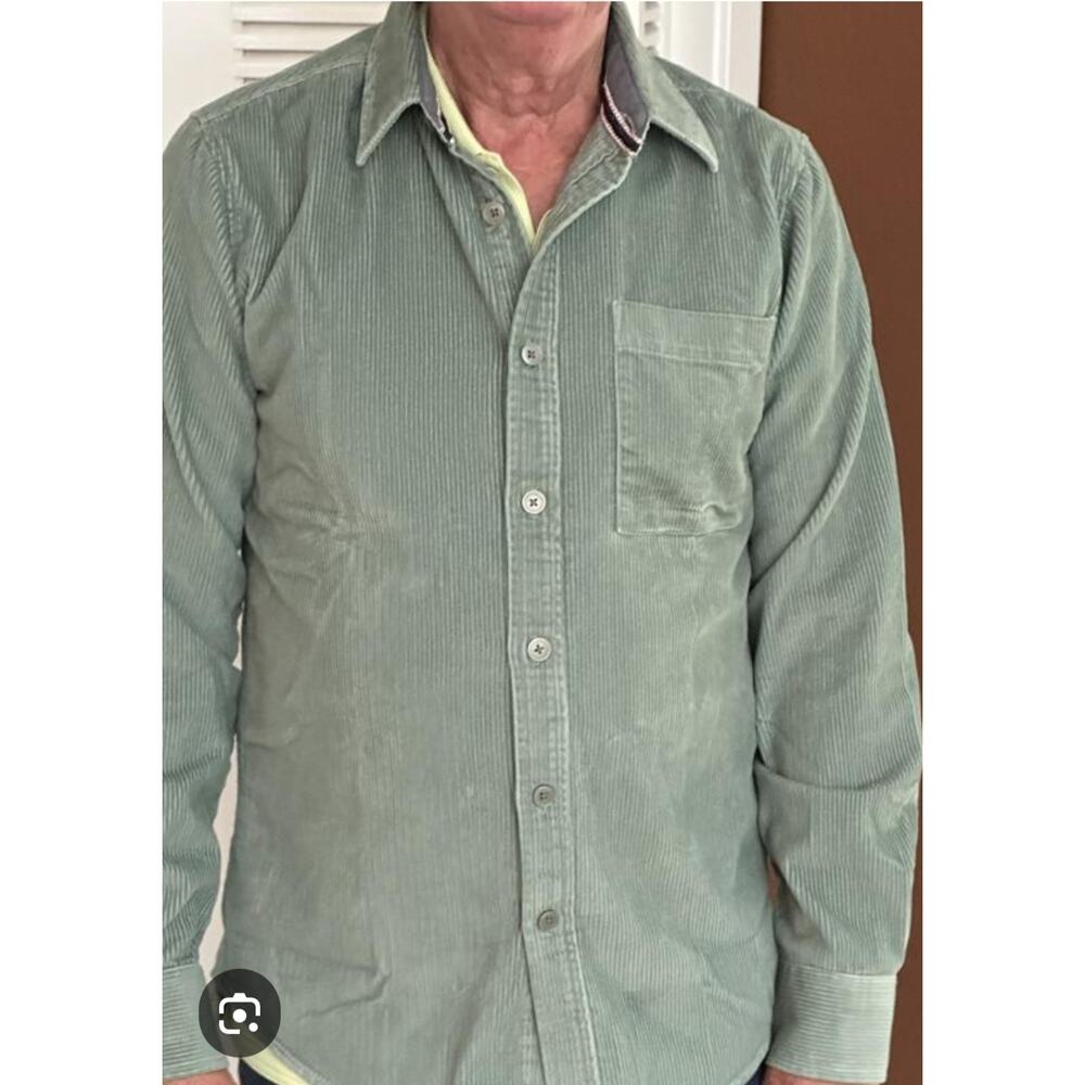M1056) Sun+Stone Men's Green Button Down Long Sleeve Corduroy Shirt Small